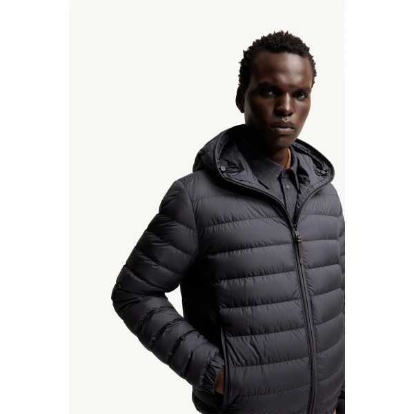 Moncler Solienn Hooded Short Down Jacket in Dark Blue, view 6 | Men's Jackets | Coveti