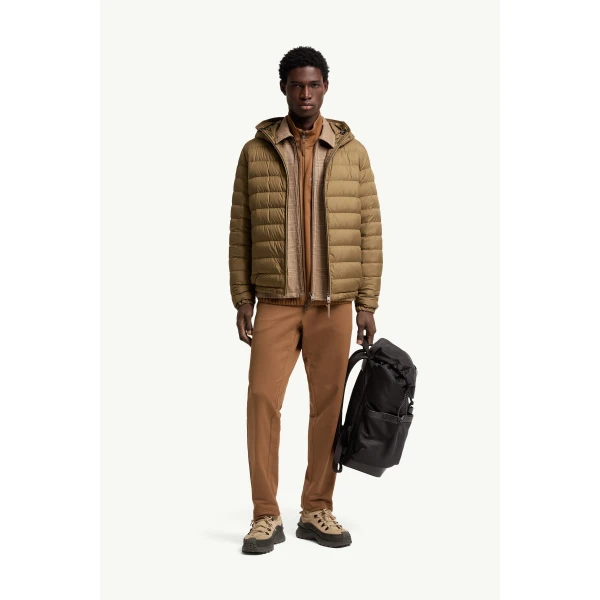 Moncler Solienn Hooded Short Down Jacket in Olive Green, view 2 | Men's Jackets | Coveti