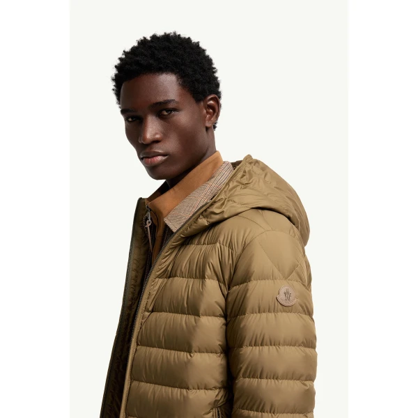 Moncler Solienn Hooded Short Down Jacket in Olive Green, view 3 | Men's Jackets | Coveti