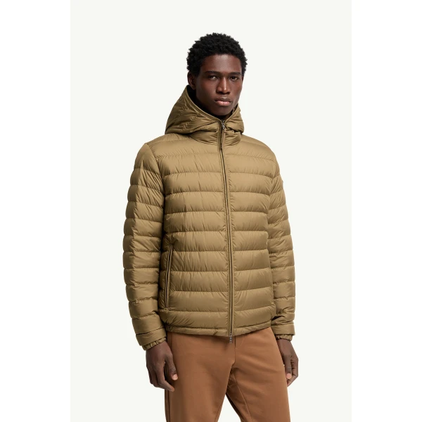 Moncler Solienn Hooded Short Down Jacket in Olive Green, view 4 | Men's Jackets | Coveti