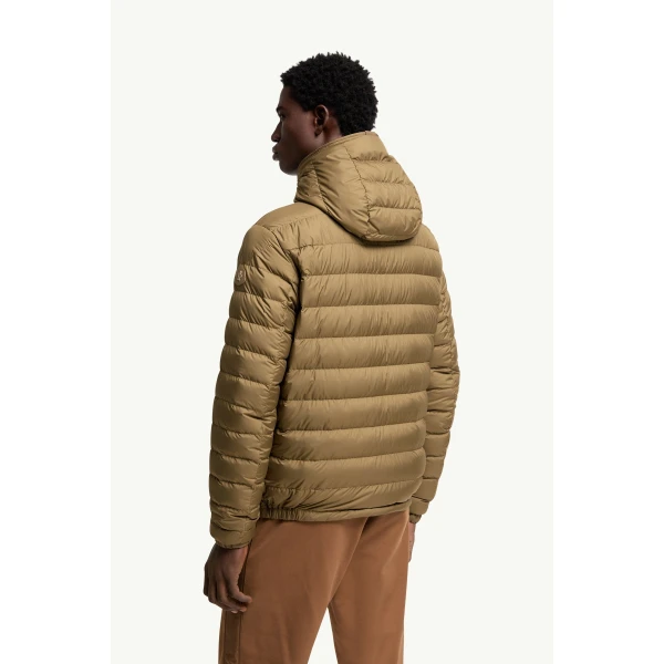 Moncler Solienn Hooded Short Down Jacket in Olive Green, view 5 | Men's Jackets | Coveti
