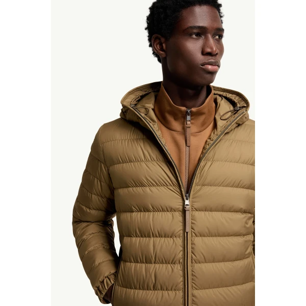 Moncler Solienn Hooded Short Down Jacket in Olive Green, view 6 | Men's Jackets | Coveti