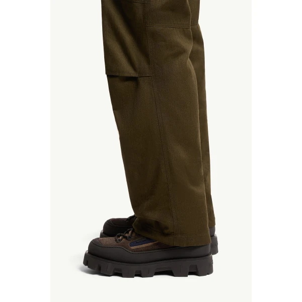 Moncler Straight Leg Cotton Trousers in Olive Green, view 3 | Men's Trousers | Coveti
