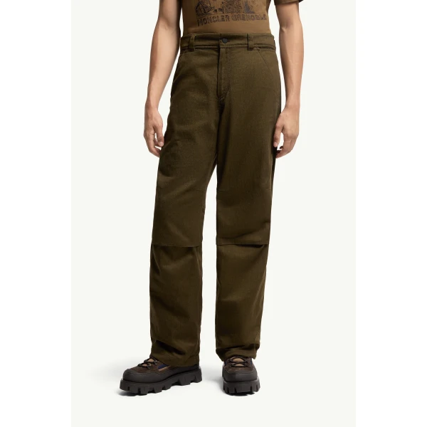 Moncler Straight Leg Cotton Trousers in Olive Green, view 4 | Men's Trousers | Coveti