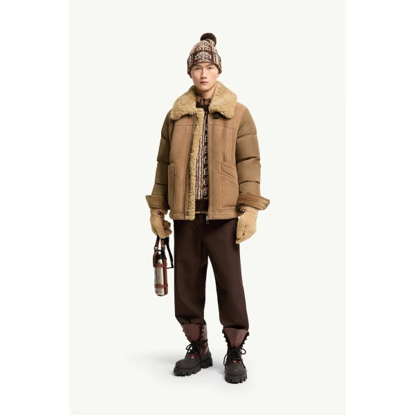 Moncler Suede Shearling-Trimmed Short Down Jacket in Camel Beige, view 2 | Men's Jackets | Coveti