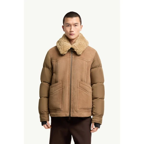 Moncler Suede Shearling-Trimmed Short Down Jacket in Camel Beige, view 4 | Men's Jackets | Coveti