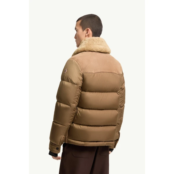 Moncler Suede Shearling-Trimmed Short Down Jacket in Camel Beige, view 5 | Men's Jackets | Coveti