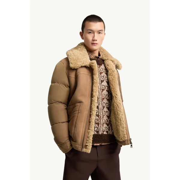 Moncler Suede Shearling-Trimmed Short Down Jacket in Camel Beige, view 6 | Men's Jackets | Coveti