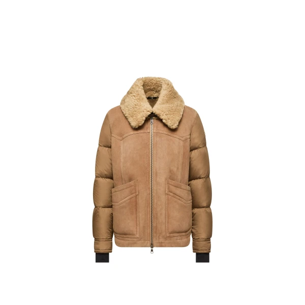 Moncler Suede Shearling-Trimmed Short Down Jacket in Camel Beige | Men's Jackets | Coveti