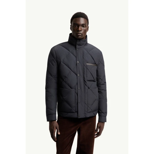 Moncler Surlake Diamond-Quilted Short Down Jacket in Navy Blue, view 4 | Men's Jackets | Coveti