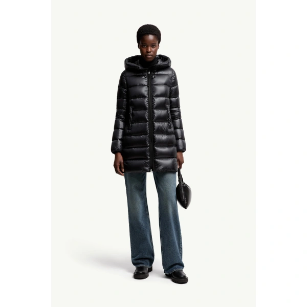 Moncler Suyenne Hooded Mid-Length Down Jacket in Black, view 2 | Women's Puffer and Down Coats | Coveti