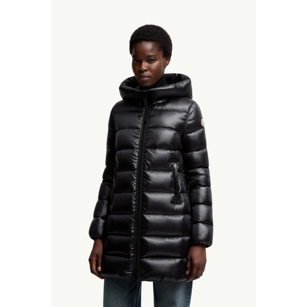 Moncler Suyenne Hooded Mid-Length Down Jacket in Black, view 4 | Women's Puffer and Down Coats | Coveti