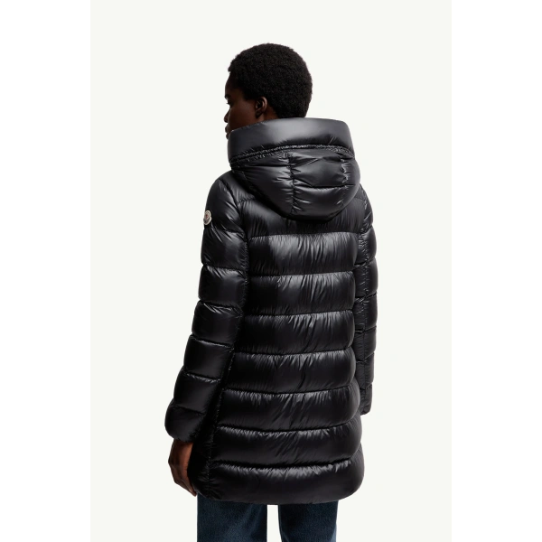Moncler Suyenne Hooded Mid-Length Down Jacket in Black, view 5 | Women's Puffer and Down Coats | Coveti