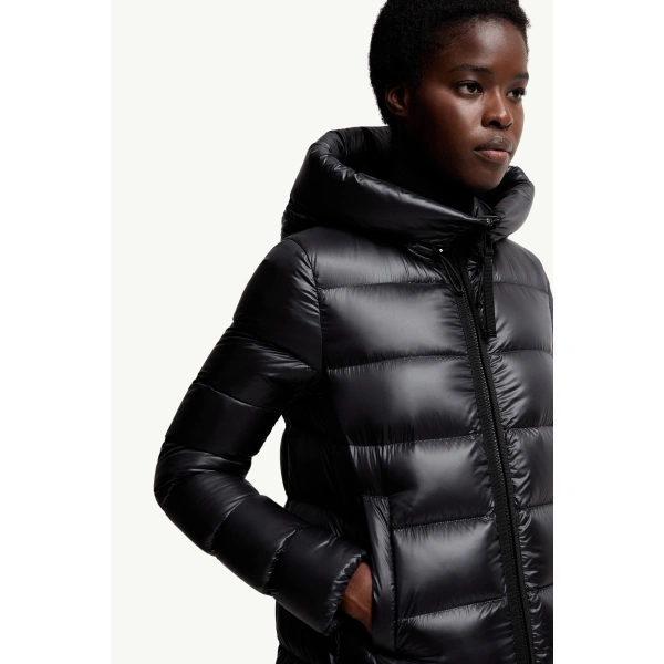 Moncler Suyenne Hooded Mid-Length Down Jacket in Black, view 6 | Women's Puffer and Down Coats | Coveti