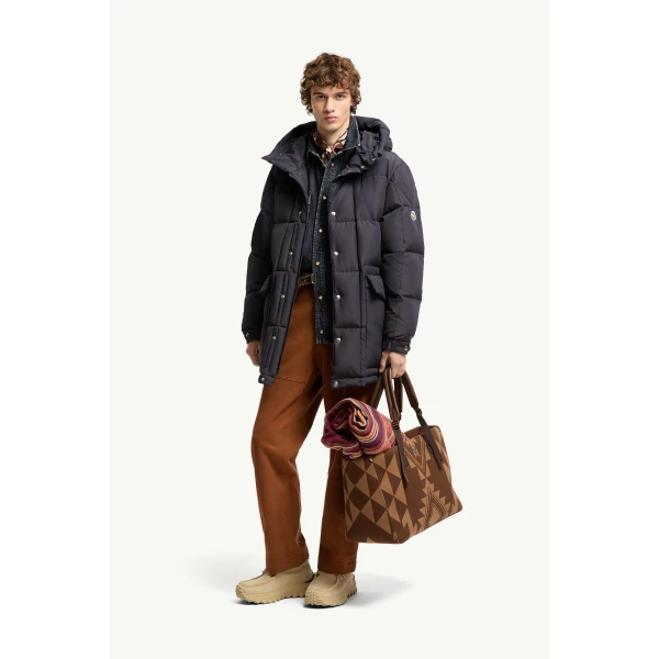 Moncler Sylmara Hooded Long Down Jacket in Dark Blue, view 2 | Men's Coats | Coveti