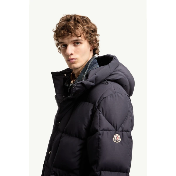 Moncler Sylmara Hooded Long Down Jacket in Dark Blue, view 3 | Men's Coats | Coveti