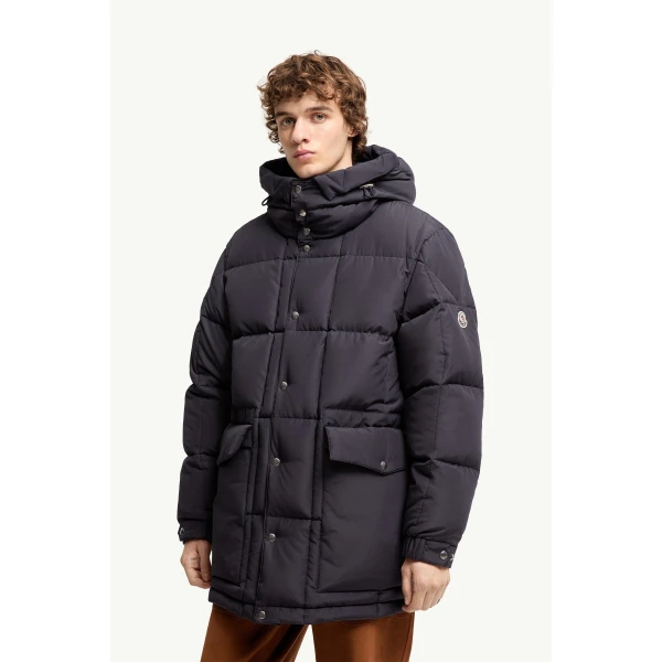 Moncler Sylmara Hooded Long Down Jacket in Dark Blue, view 4 | Men's Coats | Coveti