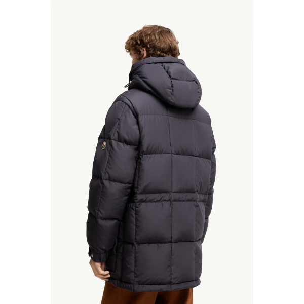 Moncler Sylmara Hooded Long Down Jacket in Dark Blue, view 5 | Men's Coats | Coveti