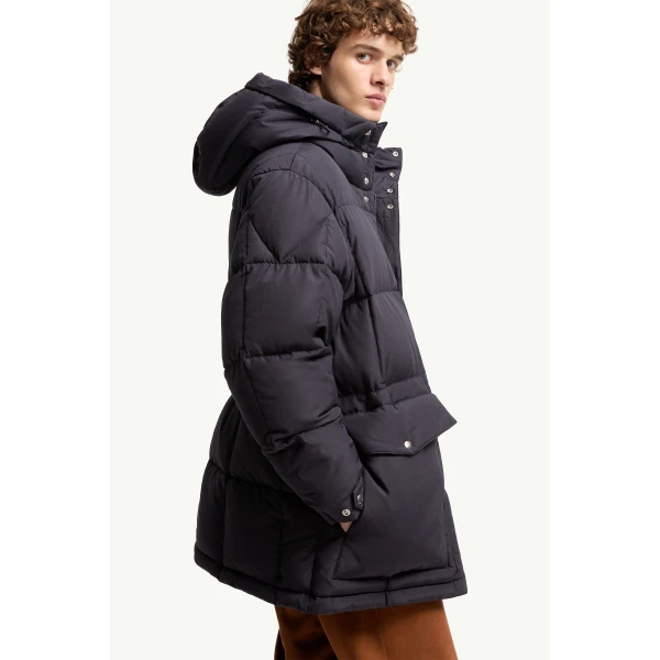 Moncler Sylmara Hooded Long Down Jacket in Dark Blue, view 6 | Men's Coats | Coveti