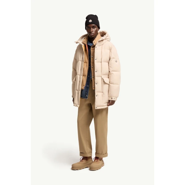 Moncler Sylmara Hooded Long Down Jacket in Light Beige, view 2 | Men's Coats | Coveti