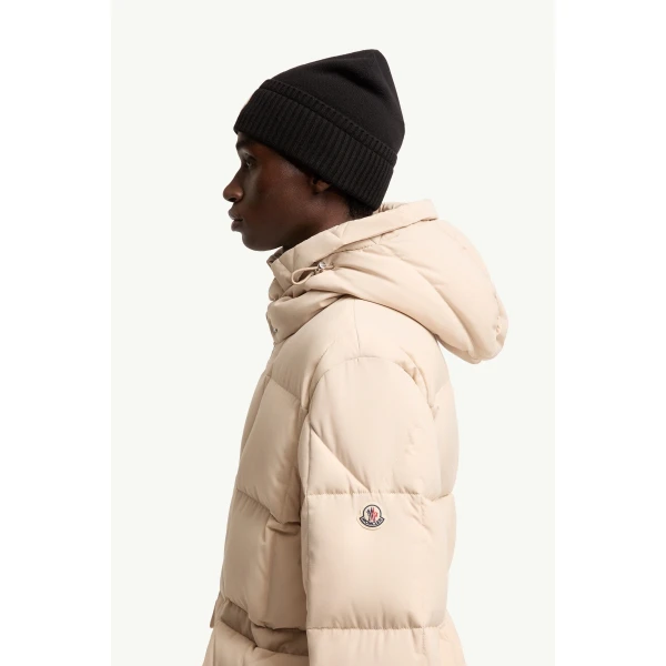 Moncler Sylmara Hooded Long Down Jacket in Light Beige, view 3 | Men's Coats | Coveti