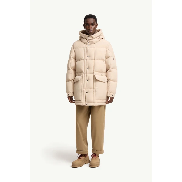 Moncler Sylmara Hooded Long Down Jacket in Light Beige, view 4 | Men's Coats | Coveti