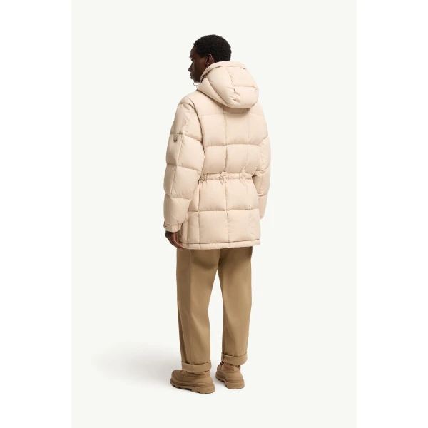 Moncler Sylmara Hooded Long Down Jacket in Light Beige, view 5 | Men's Coats | Coveti