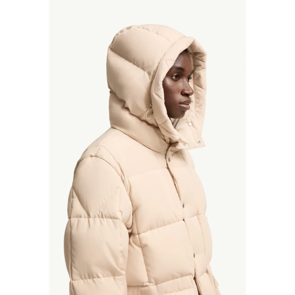 Moncler Sylmara Hooded Long Down Jacket in Light Beige, view 6 | Men's Coats | Coveti