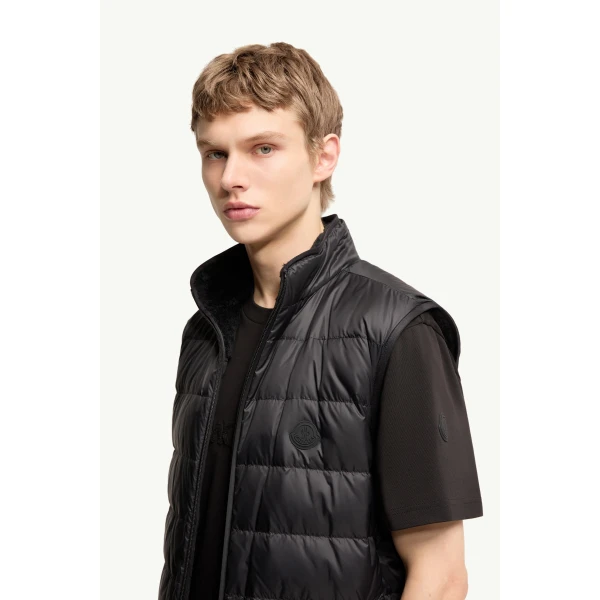 Moncler Teddy Fleece Reversible Down Gilet in Black, view 3 | Men's Jackets | Coveti