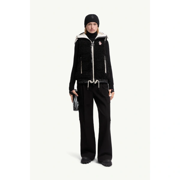 Moncler Teddy Hooded Insulated Gilet in Black, view 2 | Women's Vests and Gilets | Coveti