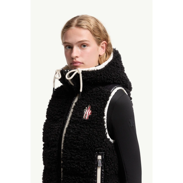 Moncler Teddy Hooded Insulated Gilet in Black, view 3 | Women's Vests and Gilets | Coveti