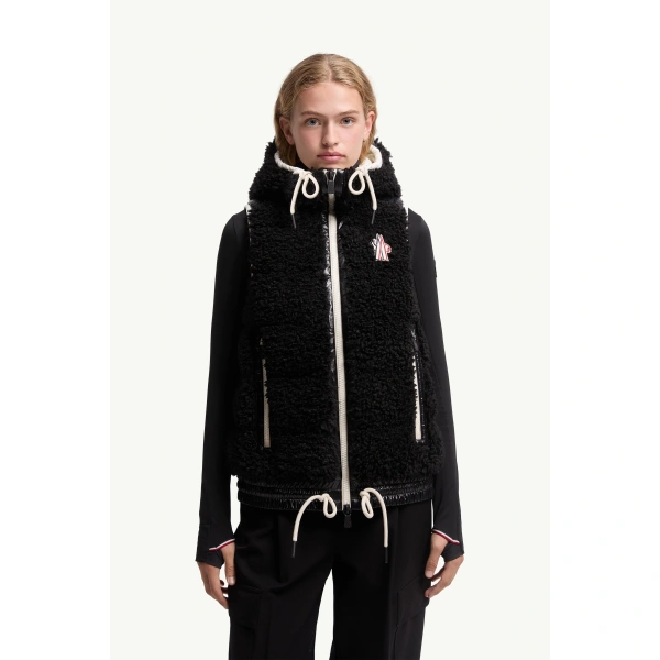 Moncler Teddy Hooded Insulated Gilet in Black, view 4 | Women's Vests and Gilets | Coveti