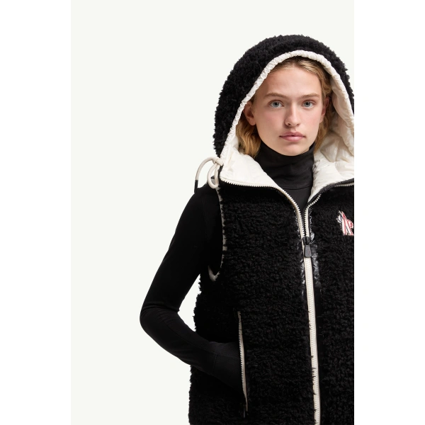 Moncler Teddy Hooded Insulated Gilet in Black, view 6 | Women's Vests and Gilets | Coveti
