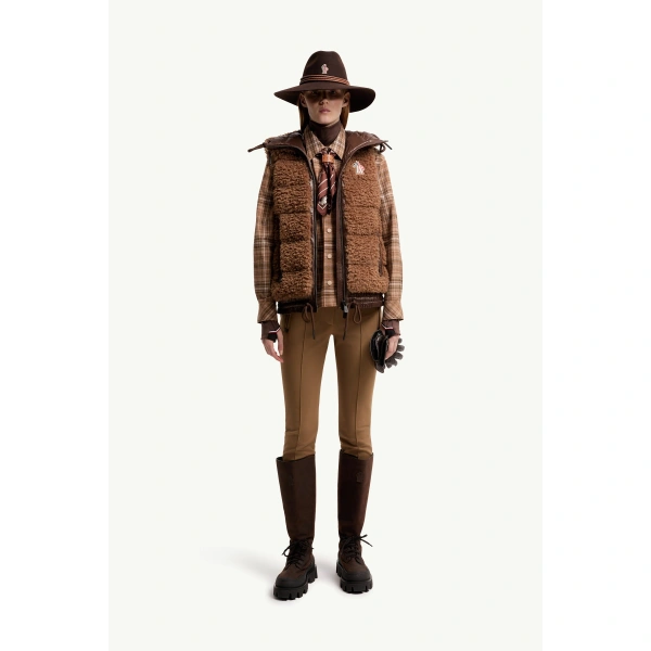 Moncler Teddy Hooded Insulated Gilet in Brown, view 2 | Women's Vests and Gilets | Coveti
