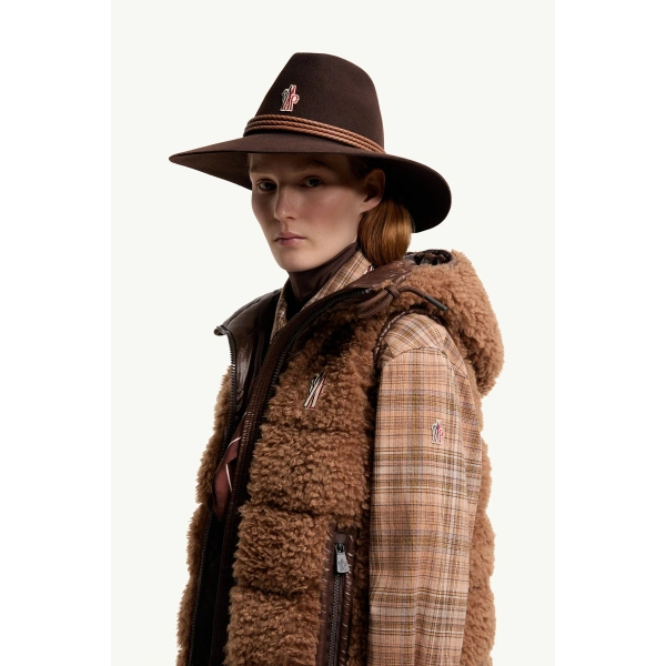Moncler Teddy Hooded Insulated Gilet in Brown, view 3 | Women's Vests and Gilets | Coveti