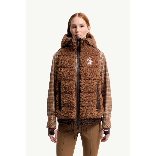 Moncler Teddy Hooded Insulated Gilet in Brown, view 4 | Women's Vests and Gilets | Coveti