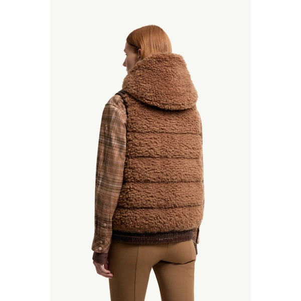 Moncler Teddy Hooded Insulated Gilet in Brown, view 5 | Women's Vests and Gilets | Coveti