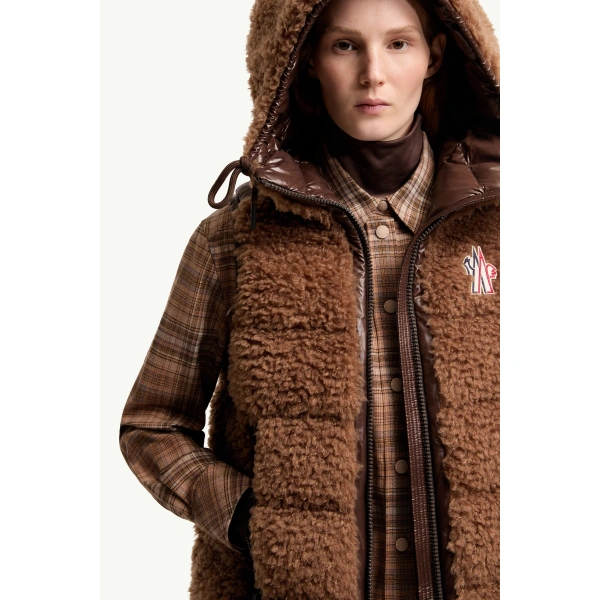 Moncler Teddy Hooded Insulated Gilet in Brown, view 6 | Women's Vests and Gilets | Coveti