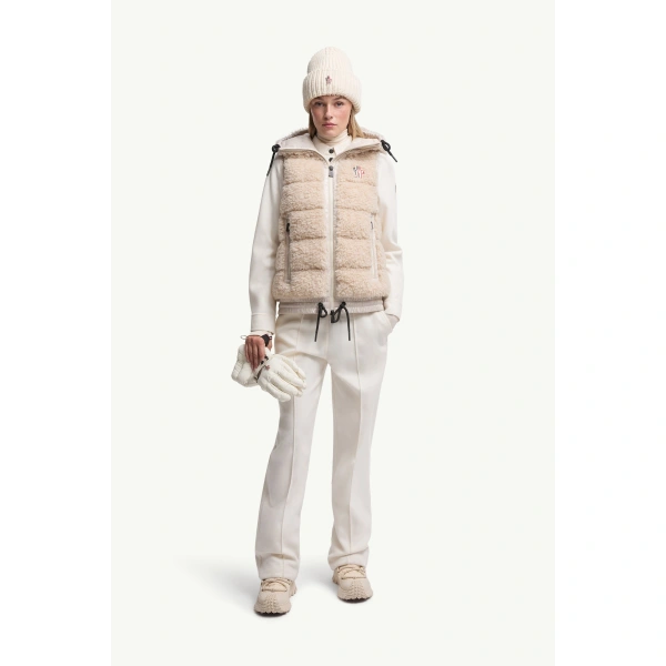 Moncler Teddy Hooded Insulated Gilet in Light Beige, view 2 | Women's Vests and Gilets | Coveti