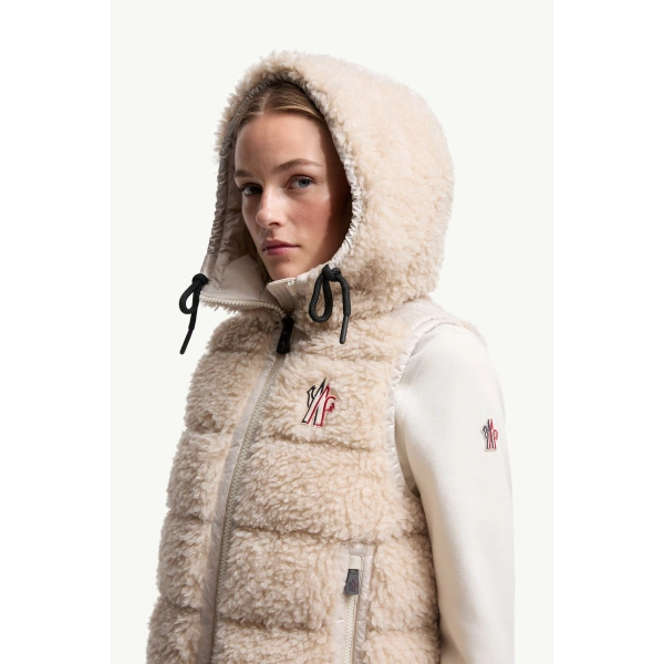 Moncler Teddy Hooded Insulated Gilet in Light Beige, view 3 | Women's Vests and Gilets | Coveti