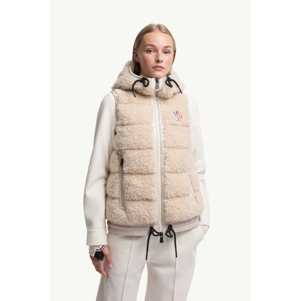 Moncler Teddy Hooded Insulated Gilet in Light Beige, view 4 | Women's Vests and Gilets | Coveti
