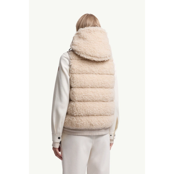 Moncler Teddy Hooded Insulated Gilet in Light Beige, view 5 | Women's Vests and Gilets | Coveti