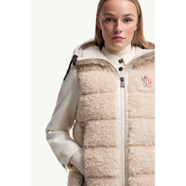 Moncler Teddy Hooded Insulated Gilet in Light Beige, view 6 | Women's Vests and Gilets | Coveti