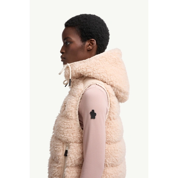 Moncler Teddy Hooded Insulated Gilet in Pink, view 3 | Women's Vests and Gilets | Coveti