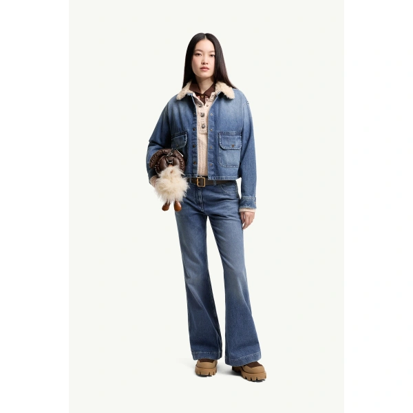 Moncler Teddy Trim Denim Shirt Jacket in Denim Blue, view 2 | Women's Denim Jackets | Coveti
