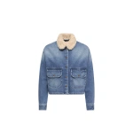 Moncler Teddy Trim Denim Shirt Jacket in Denim Blue | Women's Denim Jackets | Coveti