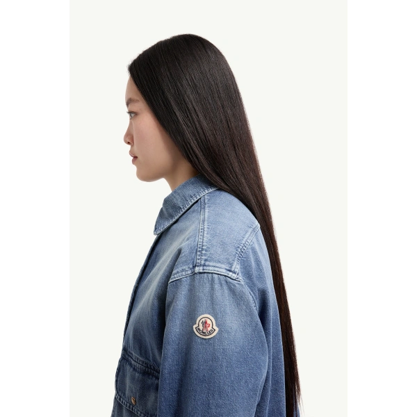 Moncler Teddy Trim Denim Shirt Jacket in Denim Blue, view 3 | Women's Denim Jackets | Coveti