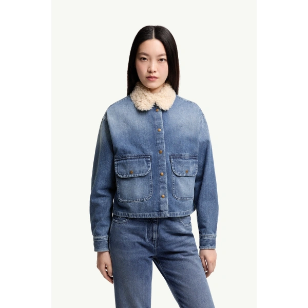 Moncler Teddy Trim Denim Shirt Jacket in Denim Blue, view 4 | Women's Denim Jackets | Coveti