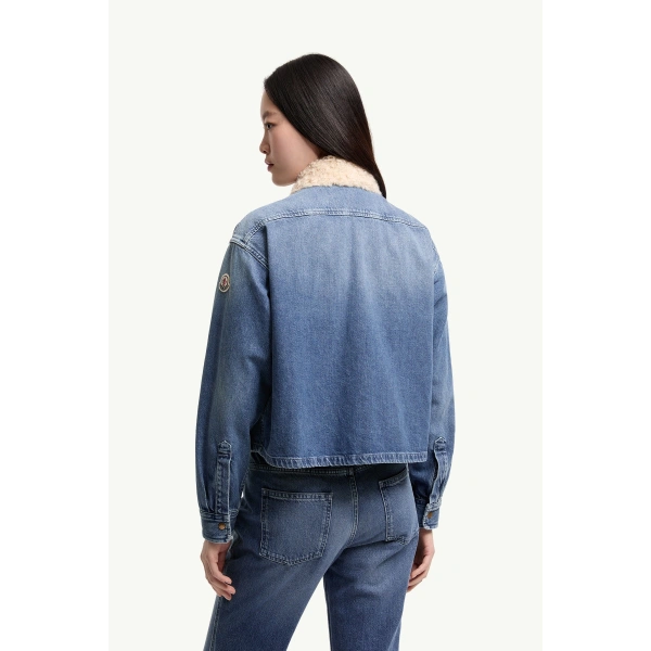 Moncler Teddy Trim Denim Shirt Jacket in Denim Blue, view 5 | Women's Denim Jackets | Coveti