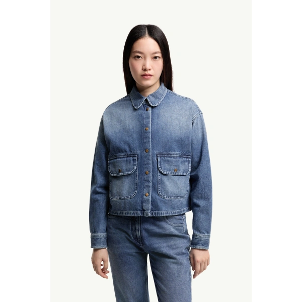 Moncler Teddy Trim Denim Shirt Jacket in Denim Blue, view 6 | Women's Denim Jackets | Coveti
